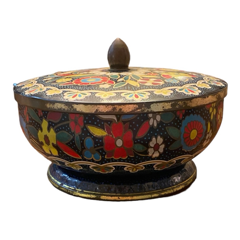 Vintage Daher Tin Bowl With Lid England Floral Black 1970s Collectible
